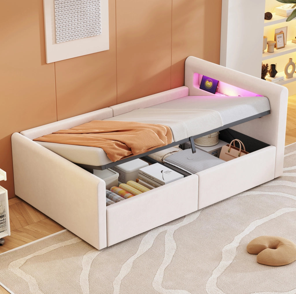 Letto imbottito per bambini 90x200 cm beige con LED, USB e contenitore idraulico