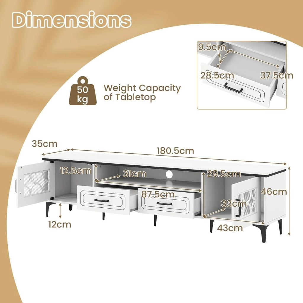 Mobile TV per TV fino a 80", supporto TV con scomparti aperti, armadi laterali e cassetti, 180,5 x 35 x 46 cm, porte con piano in PVC, per soggiorno, camera da letto (bianco)