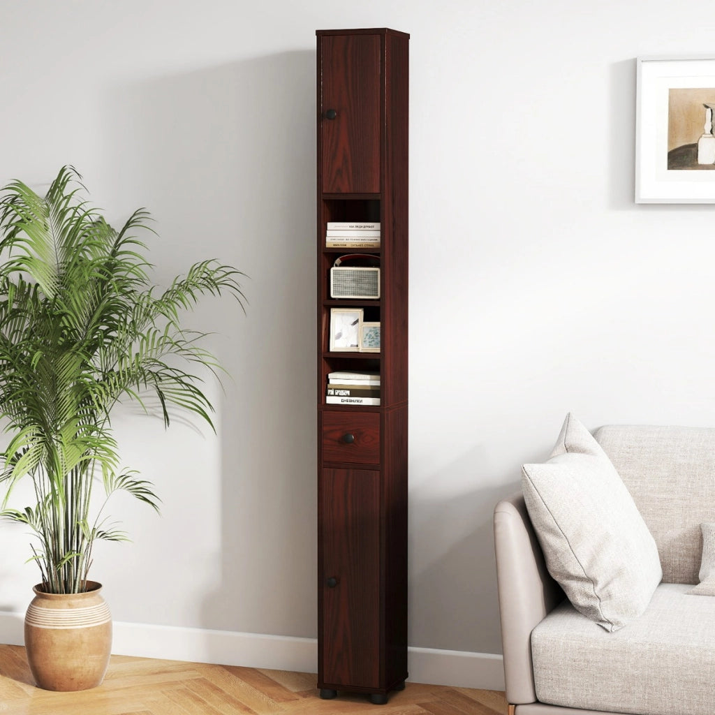 Armadio da bagno alto-Mobiletto da bagno slim con 1 cassetto di stoccaggio, Armadio da bagno 5 ripiani regolabili struttura antiscivolo Marrone scuro
