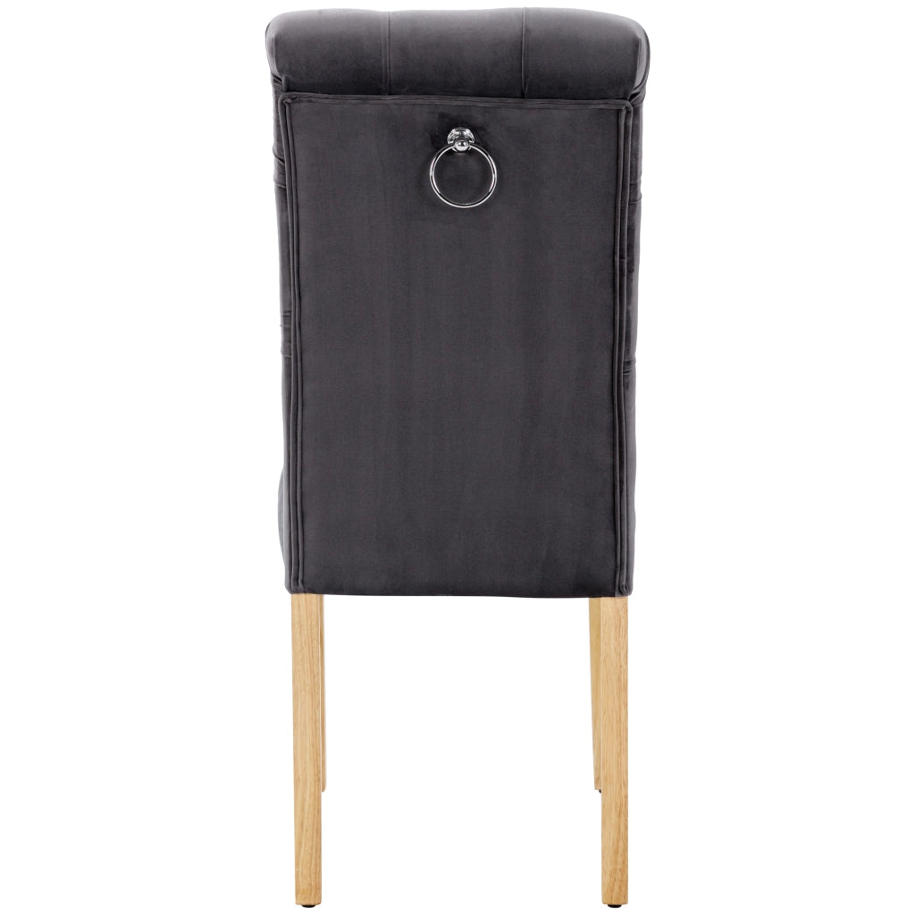 Set di 4 sedie da pranzo in velluto grigio con gambe in legno di quercia, schienale curvo e dettagli capitonné