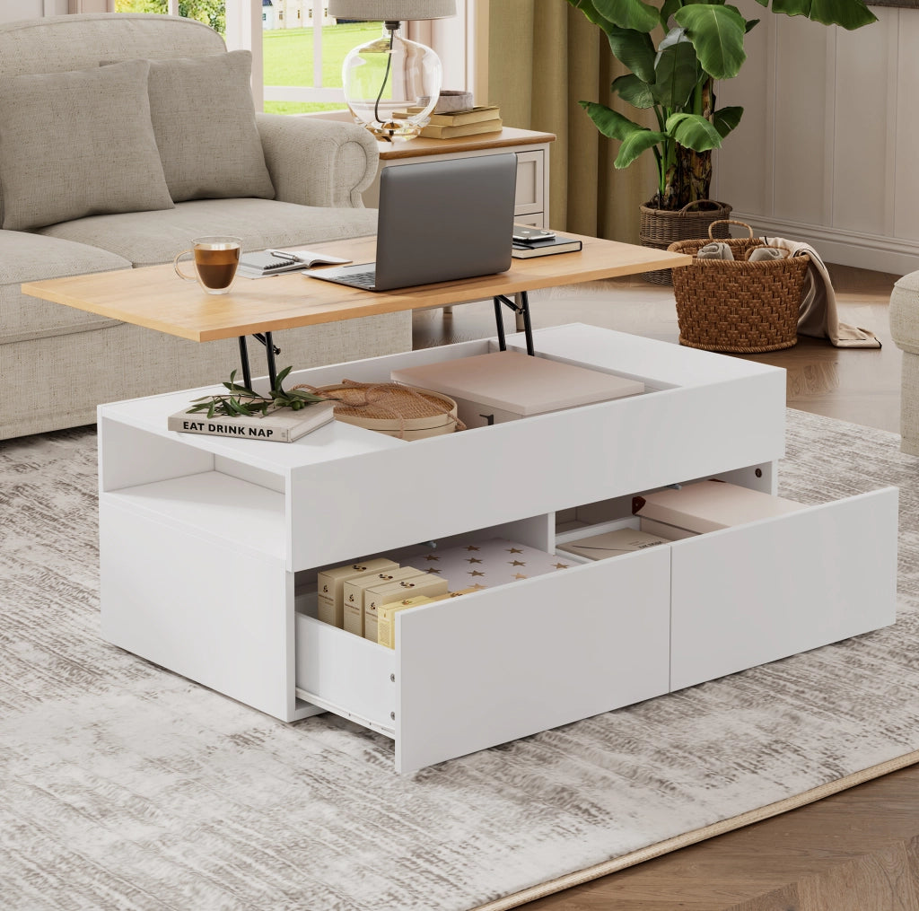 Tavolino da caffè sollevabile 100x50x40 cm con 2 cassetti; bianco e effetto legno