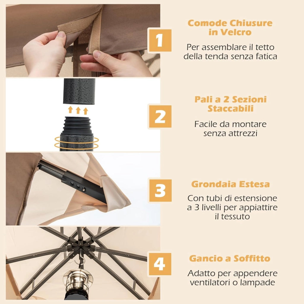 Gazebo da Giardino 3 x 3 m, Gazebo Impermeabile con Rete Mesh Staccabile e Terro Ventilato a Doppio Strato, Tenda Regolabile in Altezza per Feste, BBQ e Picnic (Kaki)