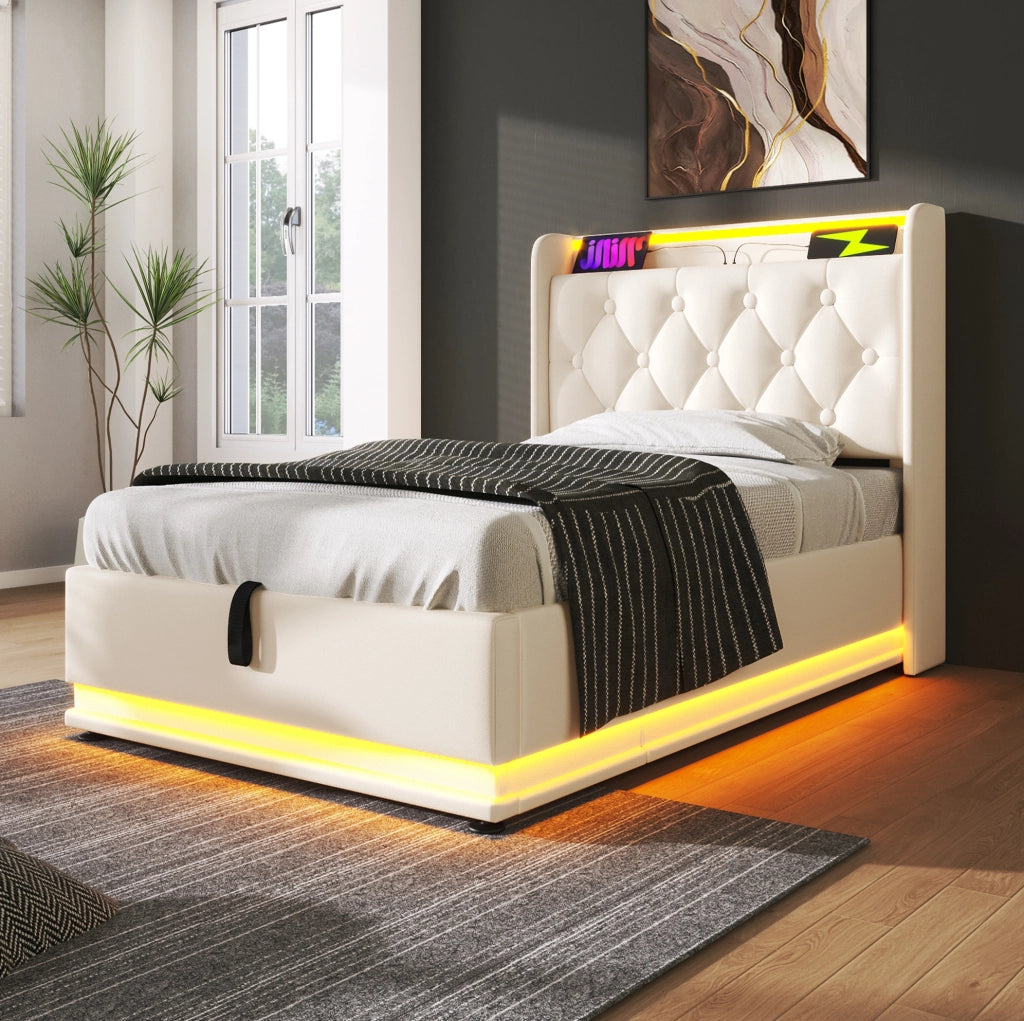 Letto singolo 90x200 cm in PU bianco con LED; USB e Type-C; contenitore idraulico