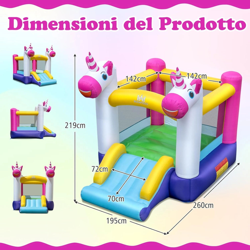 Castello Gonfiabile per Bambini, Casa Gonfiabile Unicorno per bambini con Scivolo e Area Salto, Parco Giochi Gonfiabile da 3-12 Anni, Adatto per Giardino, Esterno e Interno