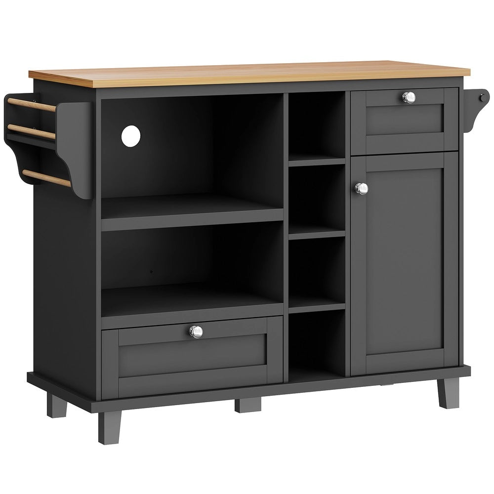 Carrello da Cucina con Cassetti e Ripiani ¨C Xylo ¨C Nero, Piano in Legno, 129x46x92 cm