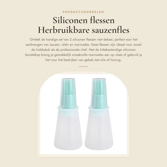 Set di flaconi in silicone da 2 - Testina a spazzola termoresistente - Confezione riutilizzabile - Design di copertura trasparente - Resistenti alle macchie e agli odori - Utilizzo duraturo - Spazzola a olio