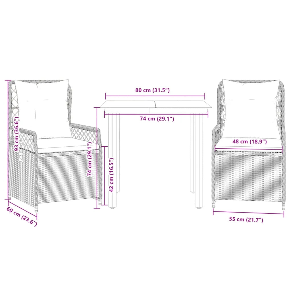 Set Pranzo da Giardino 3pz con Cuscini Grigio Chiaro Polyrattan