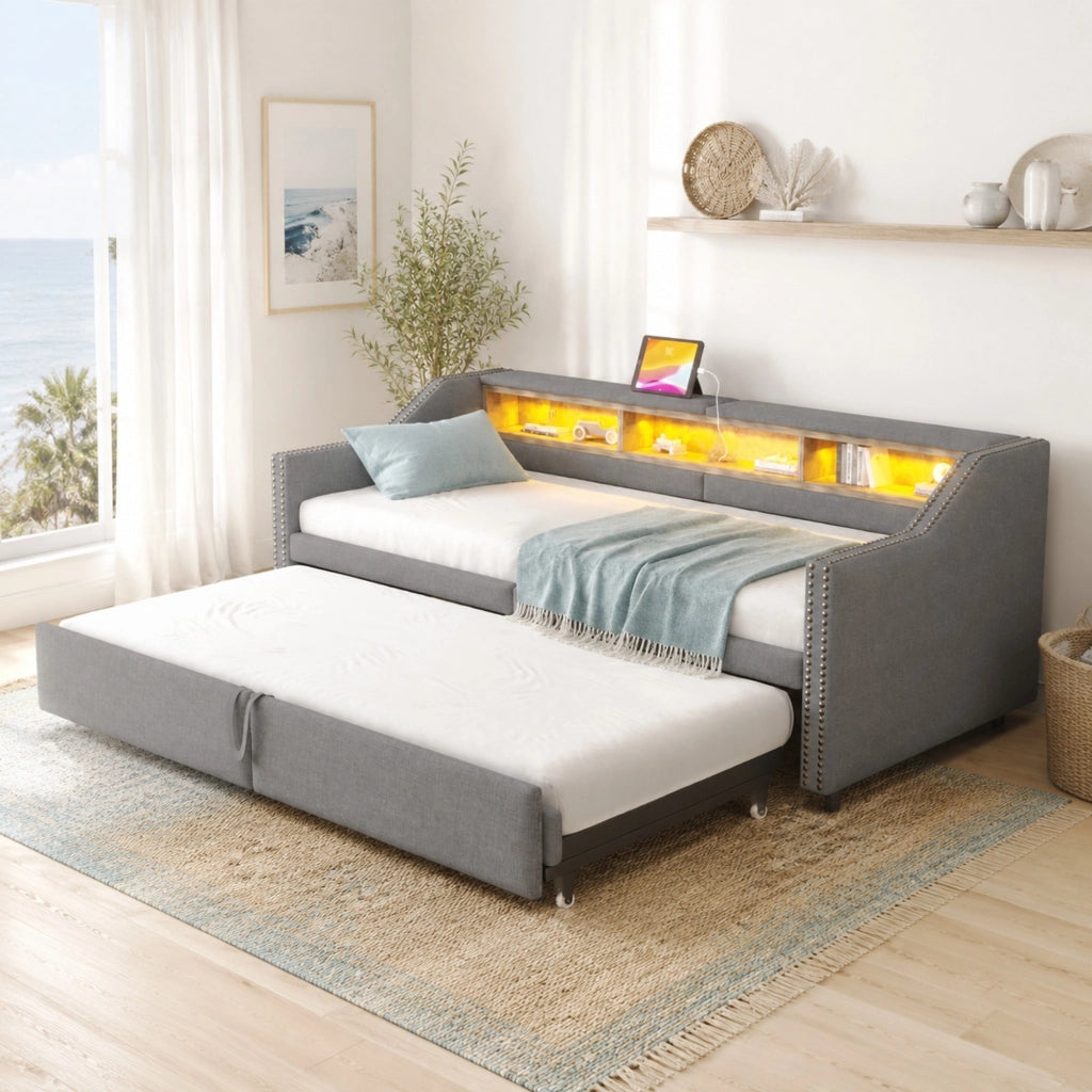 Divano letto imbottito estraibile 90/180 x 200 cm con LED; USB e contenitore; grigio chiaro