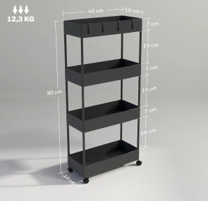 Carrello da cucina nero con 4 ripiani, ruote e freni, 40 x 19 x 90 cm, in plastica ABS