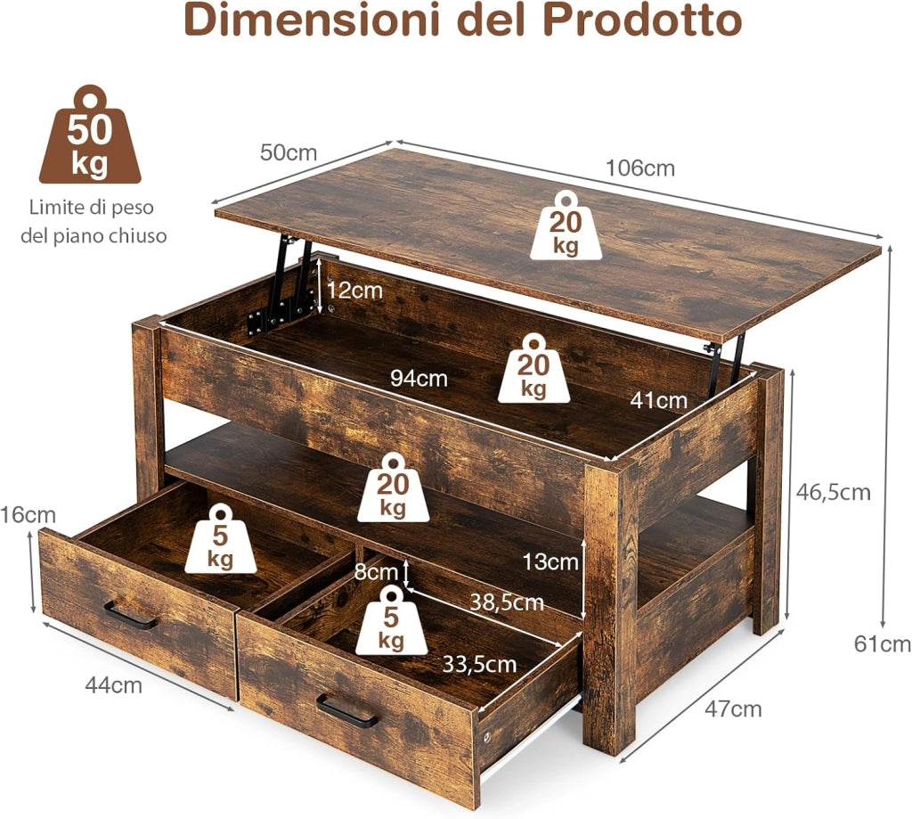 Tavolino da Caffè Sollevabile, Tavolino da Divano Industriale con 2 Cassetti, Vano Chiuso, Ripiano e Sistema di Sollevamento Pneumatico, Tavolino da Salotto, Studio e Ufficio