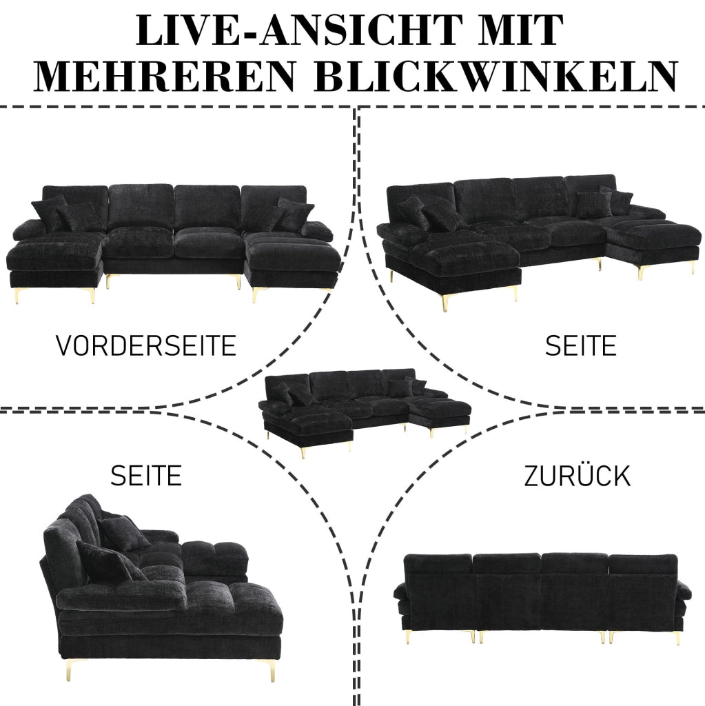 Divano a U in ciniglia nero con doppia chaise longue
