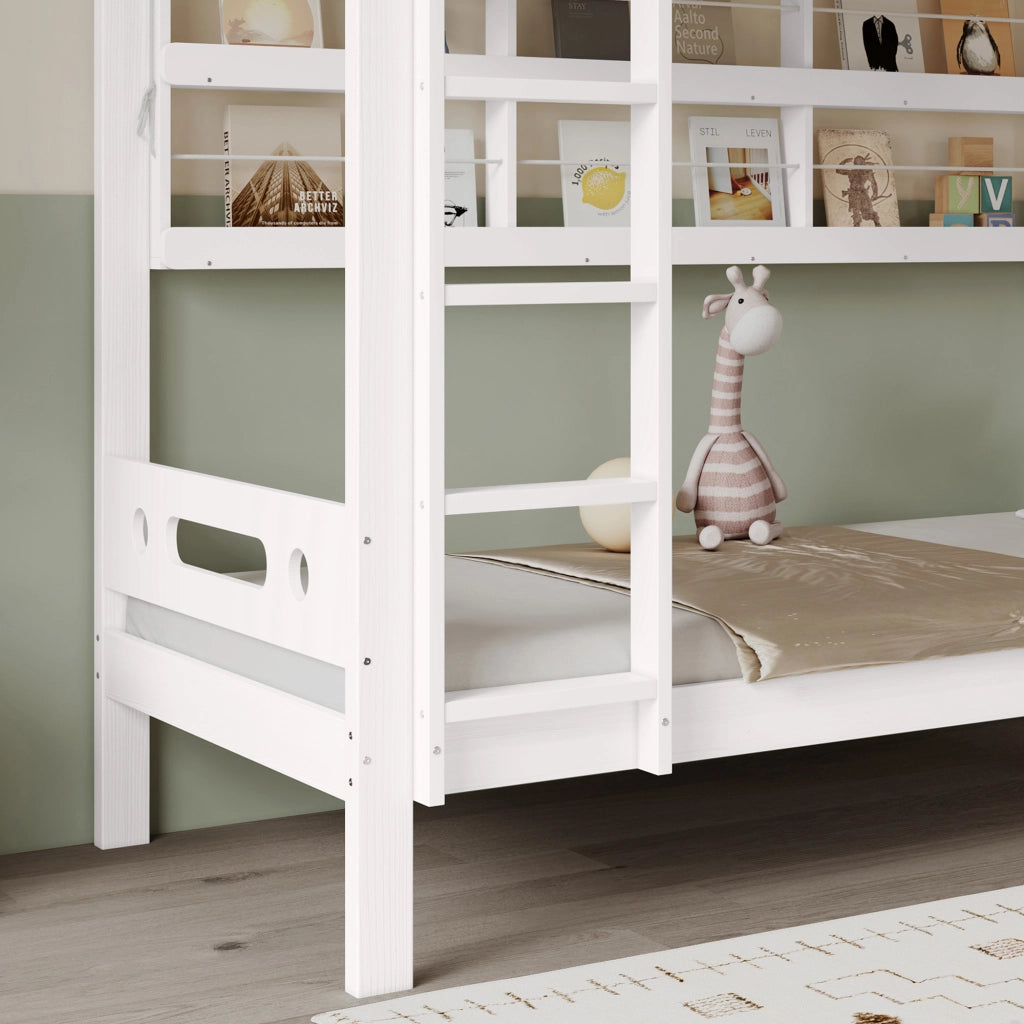 Letto a Castello Singolo 90x200 cm con Ripiani Aperti e Scala a 5 Gradini