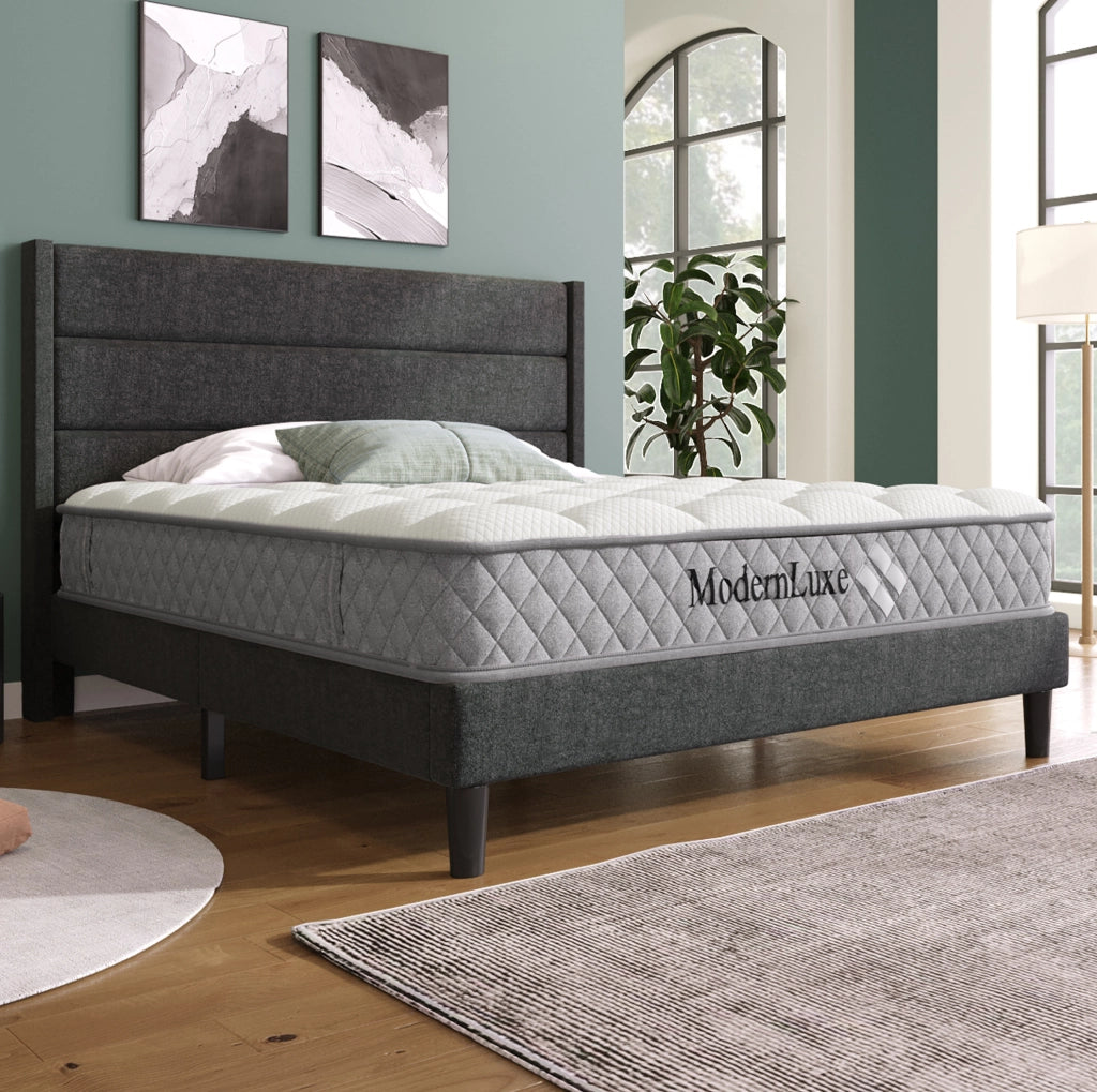 Letto matrimoniale imbottito 140x200 cm con rete a doghe e materasso 7 zone; lino grigio