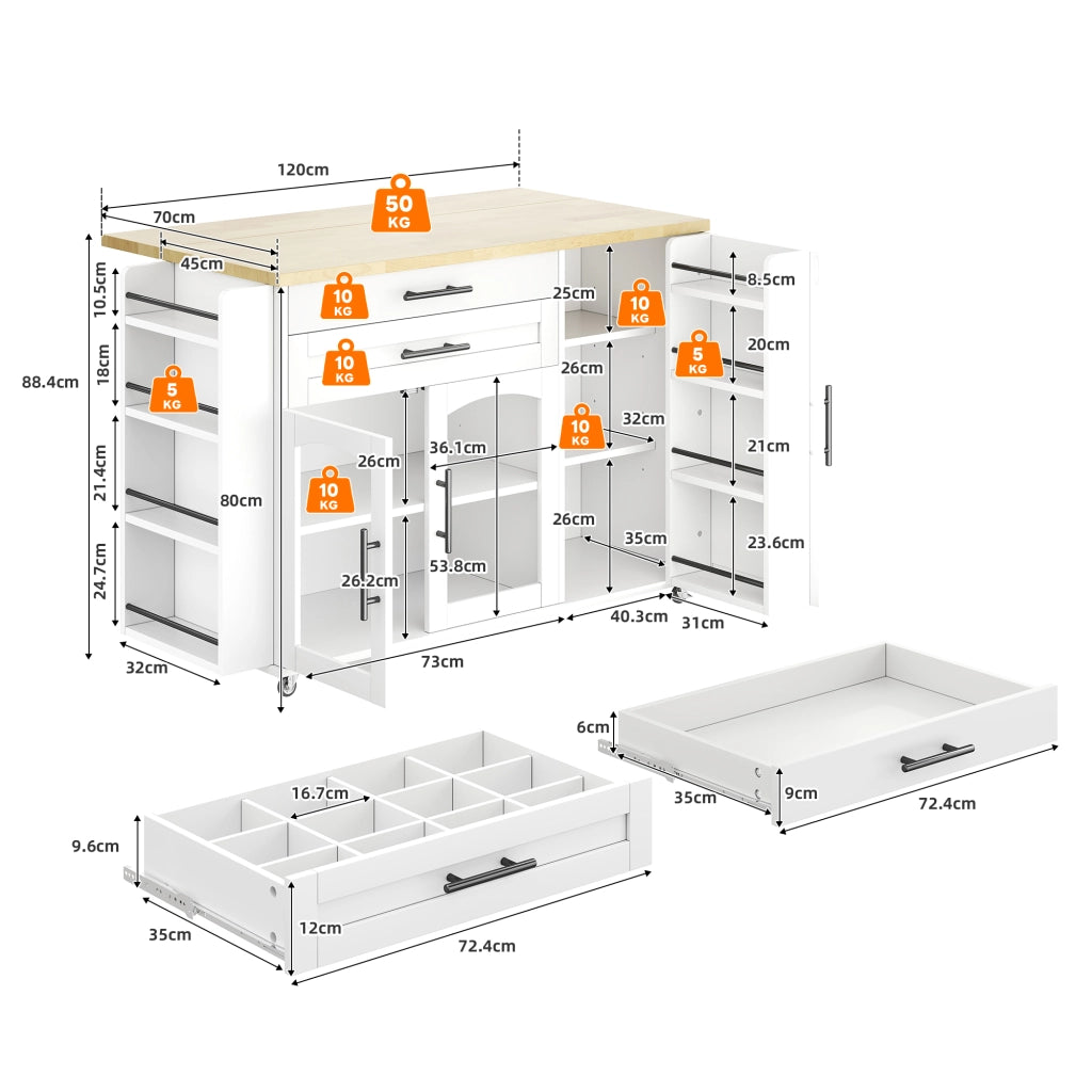 Carrello da Cucina con 2 Ante in Vetro; 2 Cassetti; Piano Ribaltabile e 5 Ruote; in MDF; 120 x 45(70) x 90 cm