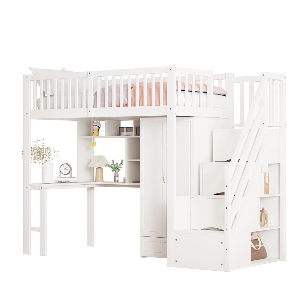 Letto soppalco di deposito; 90x200cm; armadio; scaffale; scrivania; scale; bianco