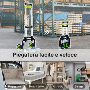 Carrello Portapacchi Pieghevole con Maniglia Telescopica Capacità 70 kg in Alluminio Argento