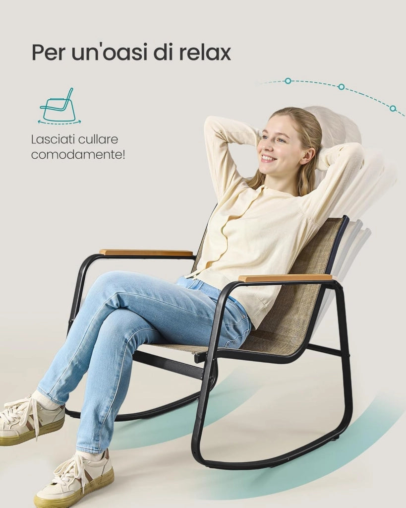 SONGMICS Set Mobili da Giardino, Set da Balcone, 2 Sedie a Dondolo con Tavolino, Panchina da Giardino, Acciaio, Tessuto Sintetica Traspirante, per Terrazza e Giardino, Marrone Chiaro GGF0028KZ01