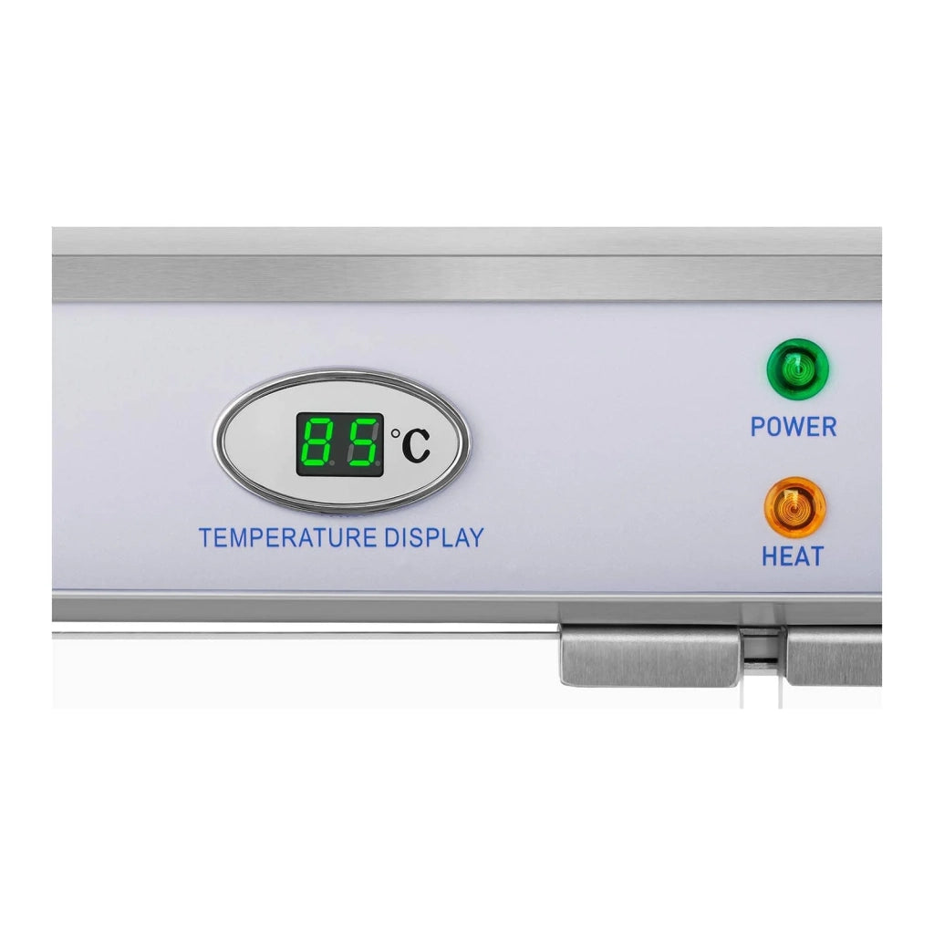 Vetrina riscaldata espositore riscaldato da banco (3 ripiani da 59 x 32 cm 1200 watt 25-85 °C vassoio raccogli briciole) 14_0004357