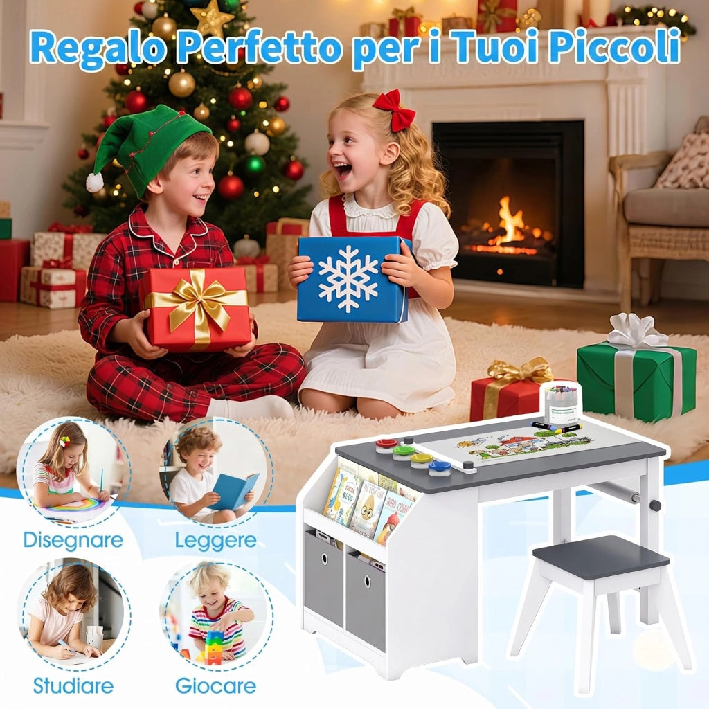 Set Tavolo e Sedia per Bambini 3+ Anni con Rotolo di Carta | Tavolo da Disegno con Sgabello, 4 Vaschette, 3 Scomparti e 2 Cassetti in Tessuto per Cameretta e Sala Giochi