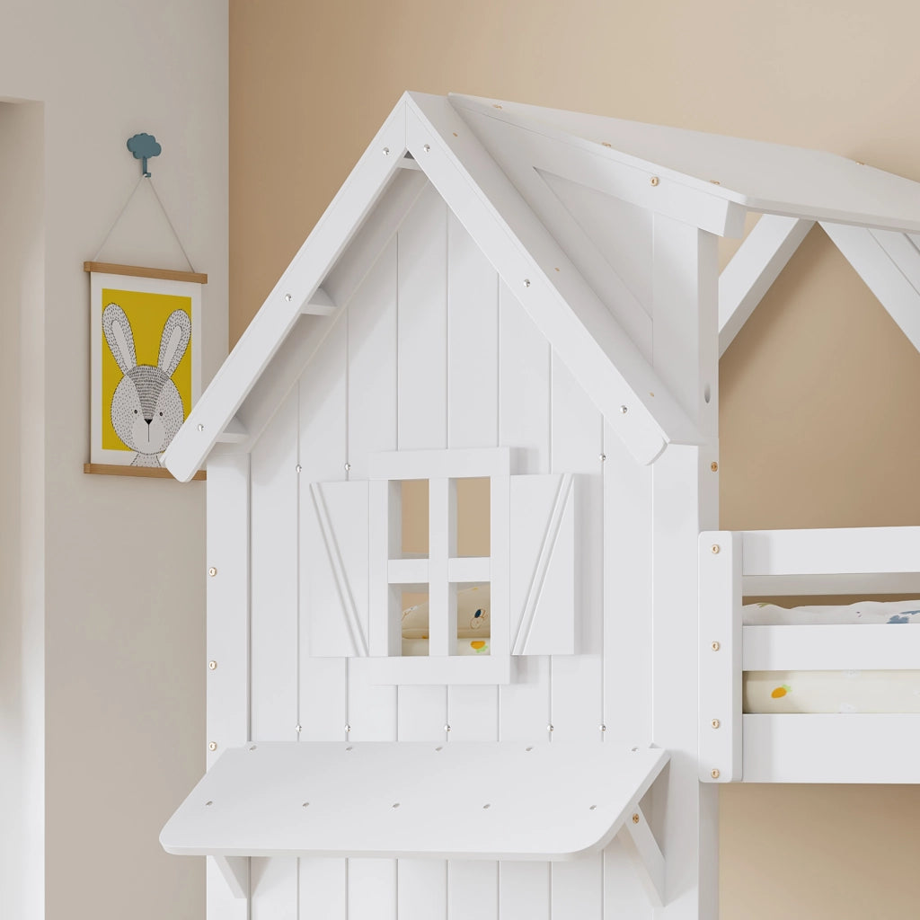 Letto a Castello 90 x 200 cm; Letto per Bambini - con Tetto e Finestre - Bianco