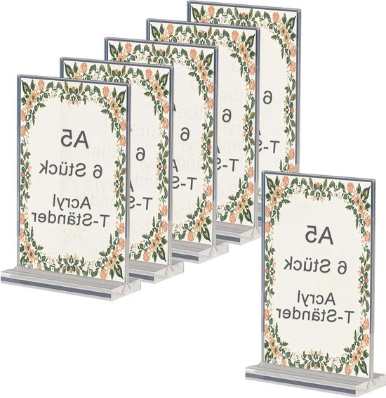 Set di 6 pannelli e acril A5 Presentatore di tavolo A5 e T con base in legno-Presentatore per carte da menu Adatto per ristoranti menu Hotel esposizione Uffici e scuole 148*210mm