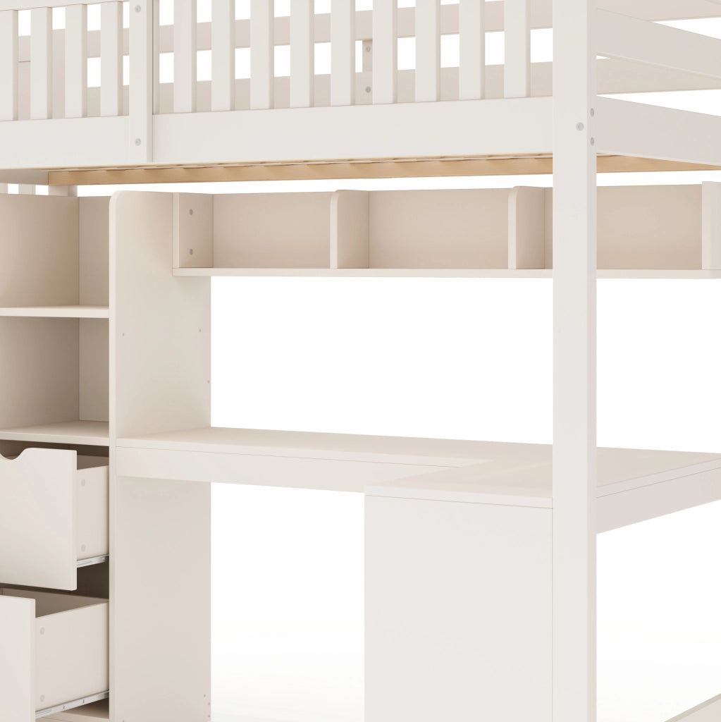 Letto a soppalco 90x200 cm bianco con scala contenitore e scrivania angolare