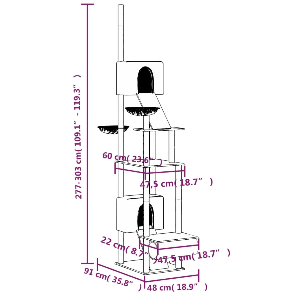 Tiragraffi per gatti mobile torre da arrampicata giocattolo tiragraffi piattaforma da arrampicata dal pavimento al soffitto 277-303 cm crema 02_0022755
