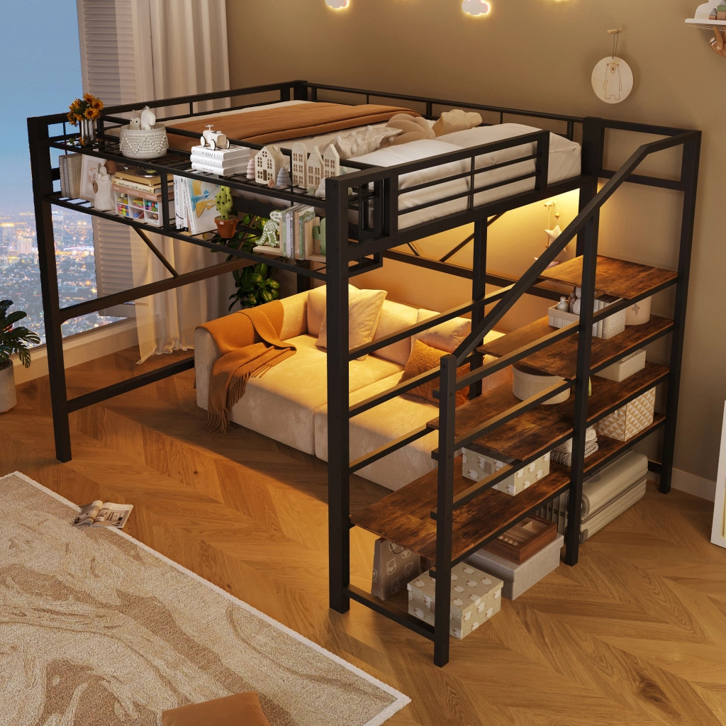 LETTO a soppalco 140x200 cm in metallo e MDF nero con scala e LED