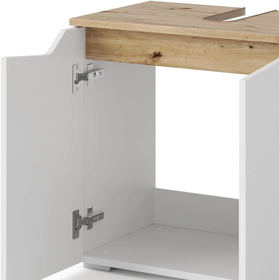 Mobile sottolavabo per bagno Marelle, Bianco/Artisan, 60 x 57.5 cm con 2 porte, con ritaglio per sifone per il montaggio sotto il lavabo