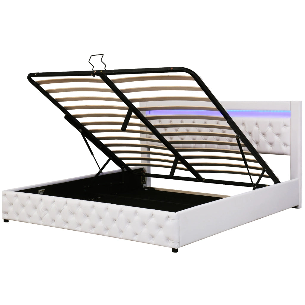 DESMIU Lit coffre 180 × 200 cm 2 places avec LED réglable, rangement, sans matelas, en PU, blanc