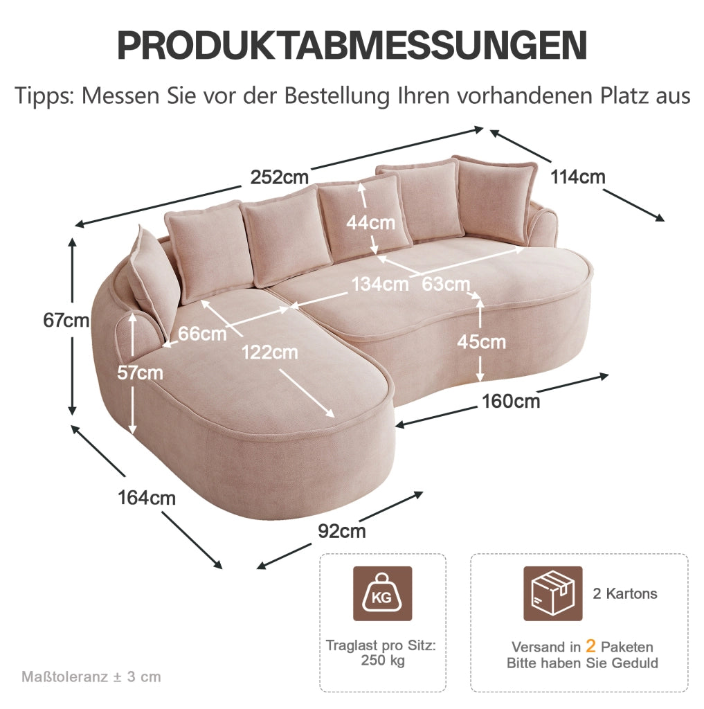 Divano modulare senza struttura in ciniglia rosa; 2 moduli; chaise longue e funzione letto
