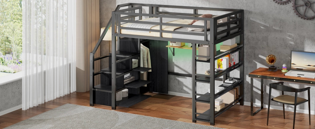 DESMIU Letto a soppalco 140 × 200 cm 2 posti con scaffali, armadio e LED, senza materasso, in metallo, nero