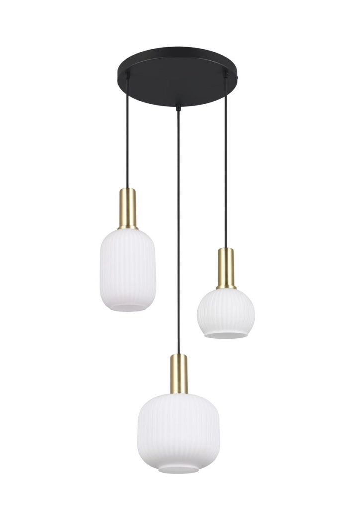 Lampadario tondo nero-ottone 3xE27 vetro bianco Diva Trio