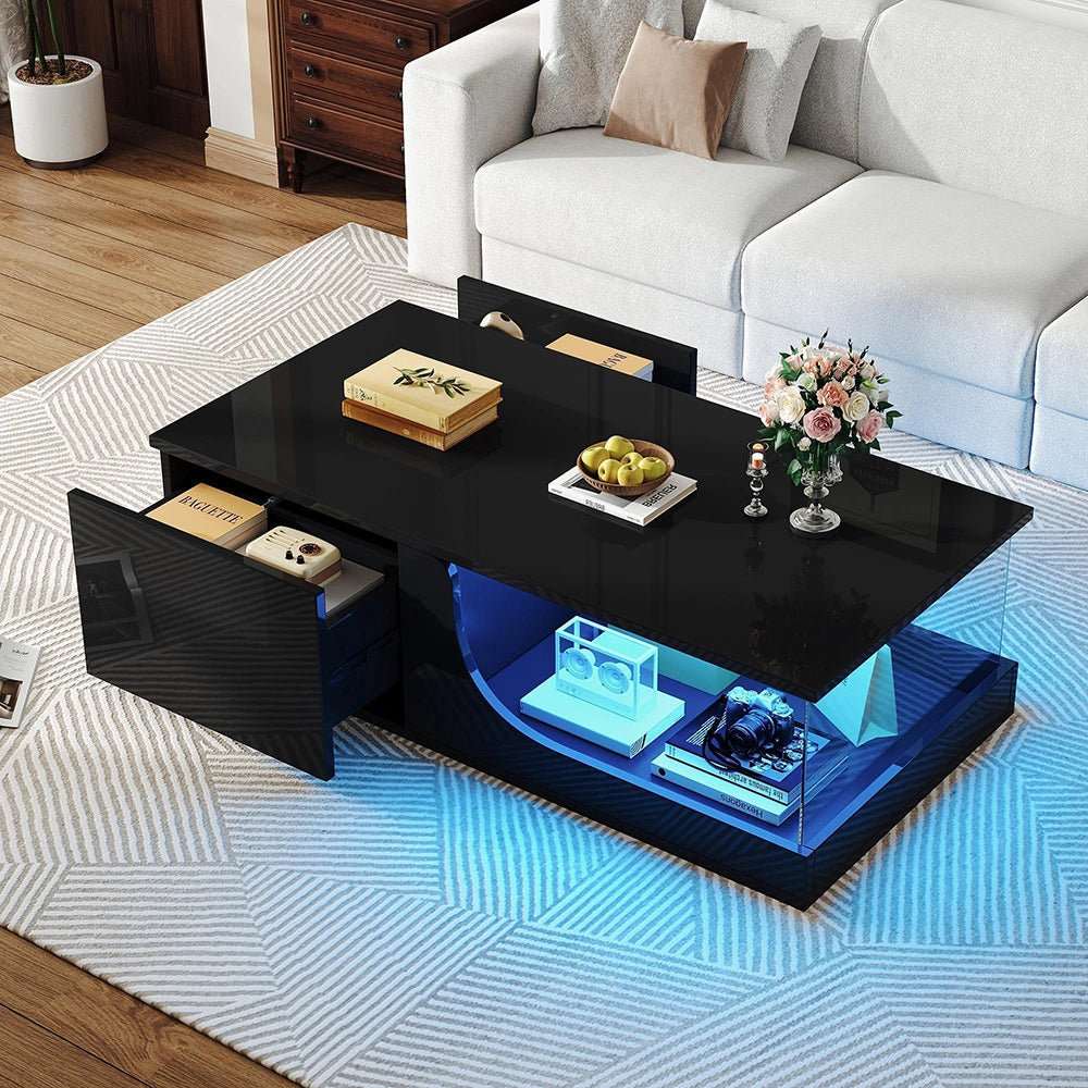Tavolino design - Xylo - 100x50cm vetro temperato nero LED