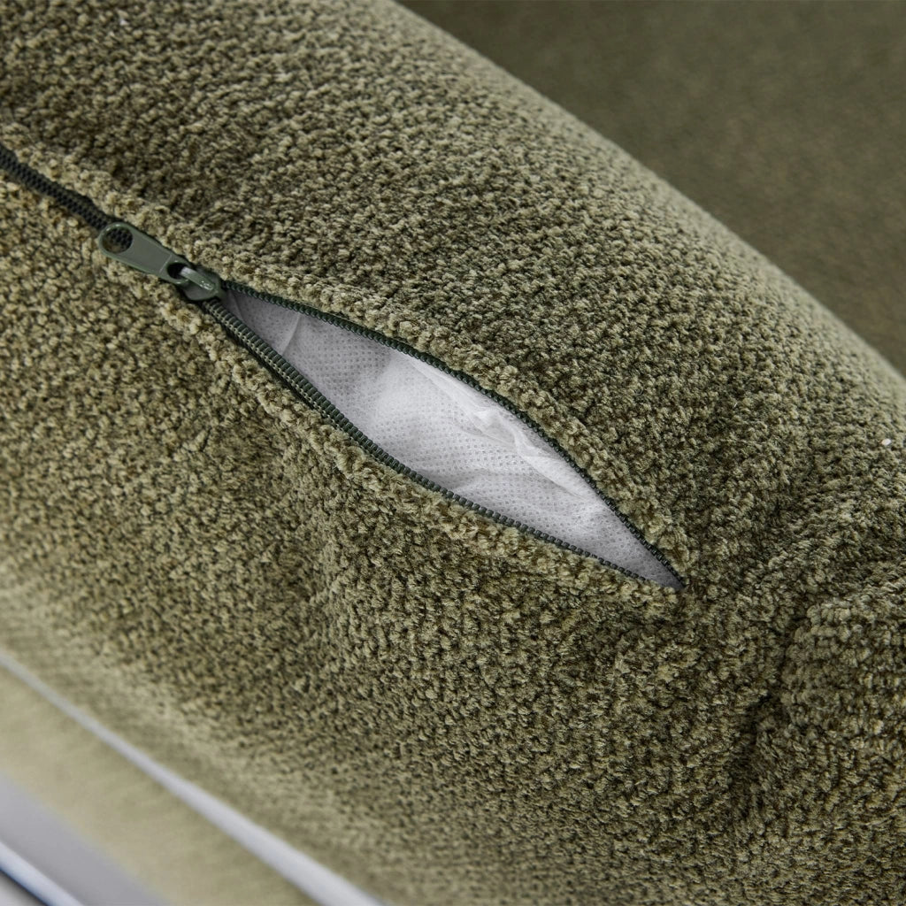 Poltrona vintage in tessuto chenille con struttura cromata, verde kaki