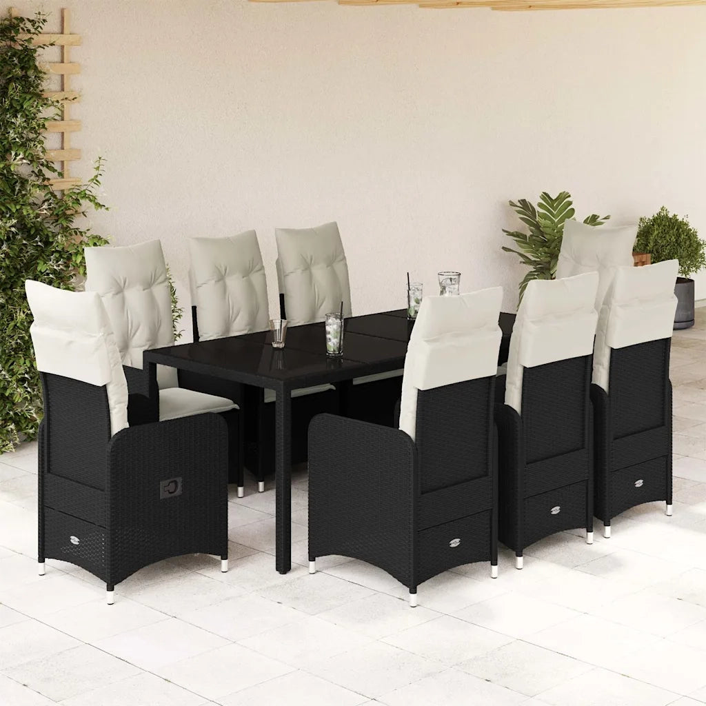 Set BistrÃ² da Giardino 9 pz con Cuscini in Polyrattan Nero