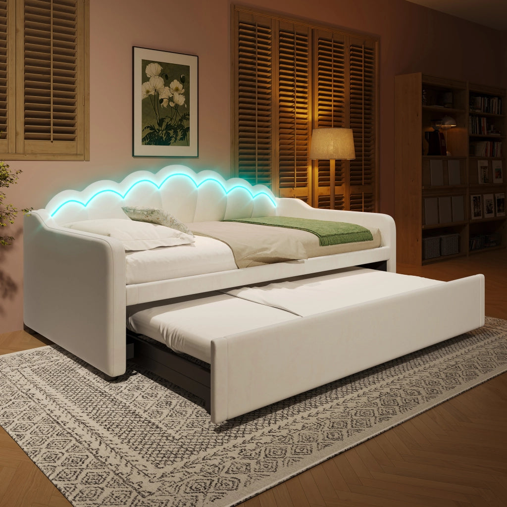 Divano letto estraibile con letto a scomparsa e striscia LED multicolore, testiera ondulata in velluto e MDF beige