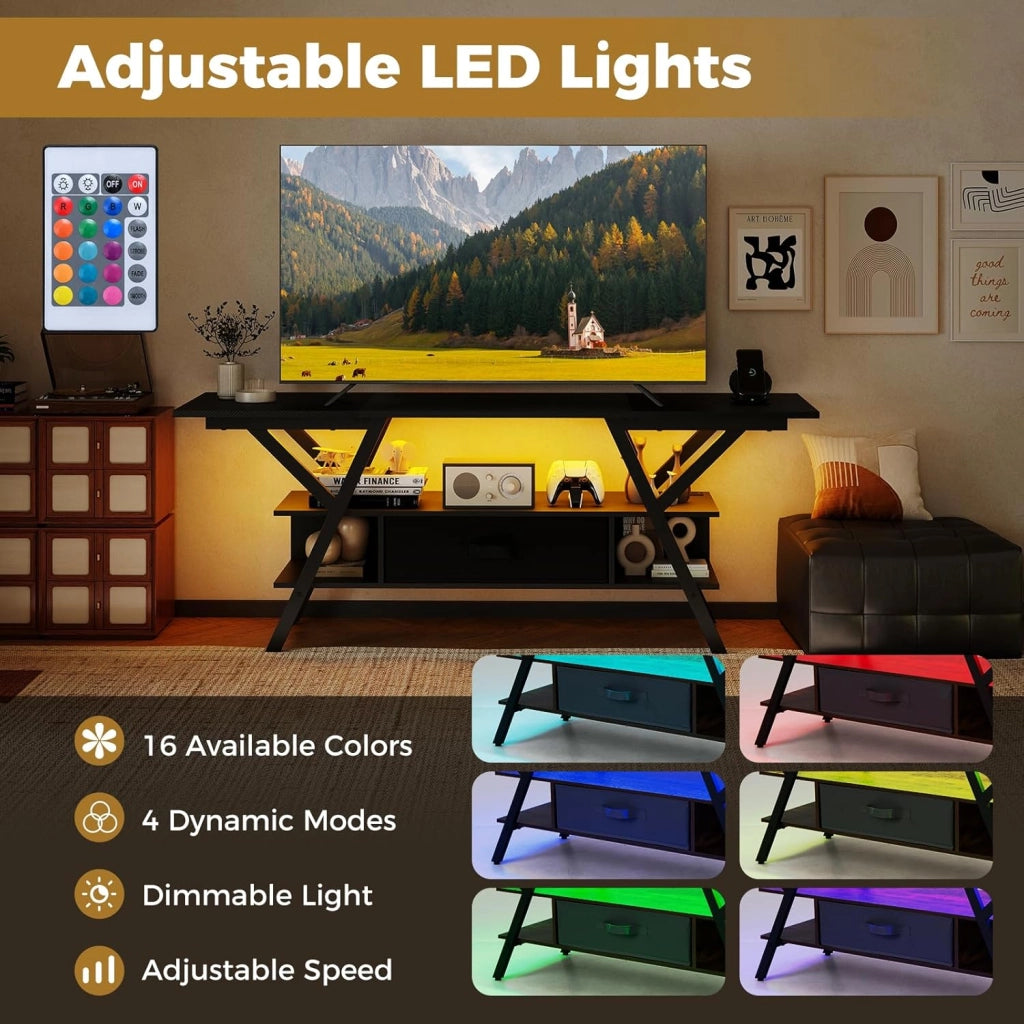 Mobile TV da 140 cm, Panca TV per TV da 55 a 65 pollici, Tavolo consolle a 3 livelli con luci a LED regolabili, cassetto in tessuto rimovibile, stazione di ricarica, per soggiorno, camera da
