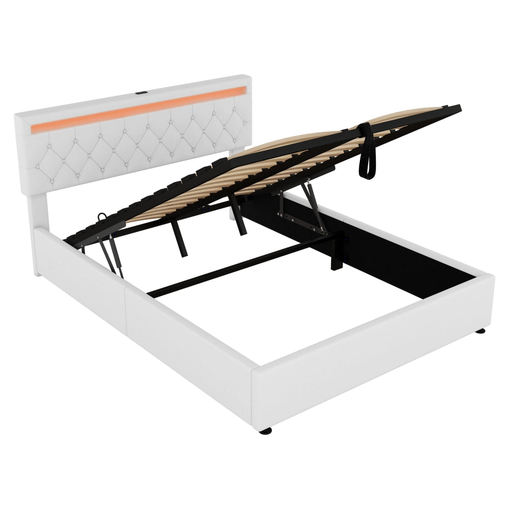 Letto imbottito 160 × 200 cm con contenitore, led, usb e usb-c, senza materasso, bianco
