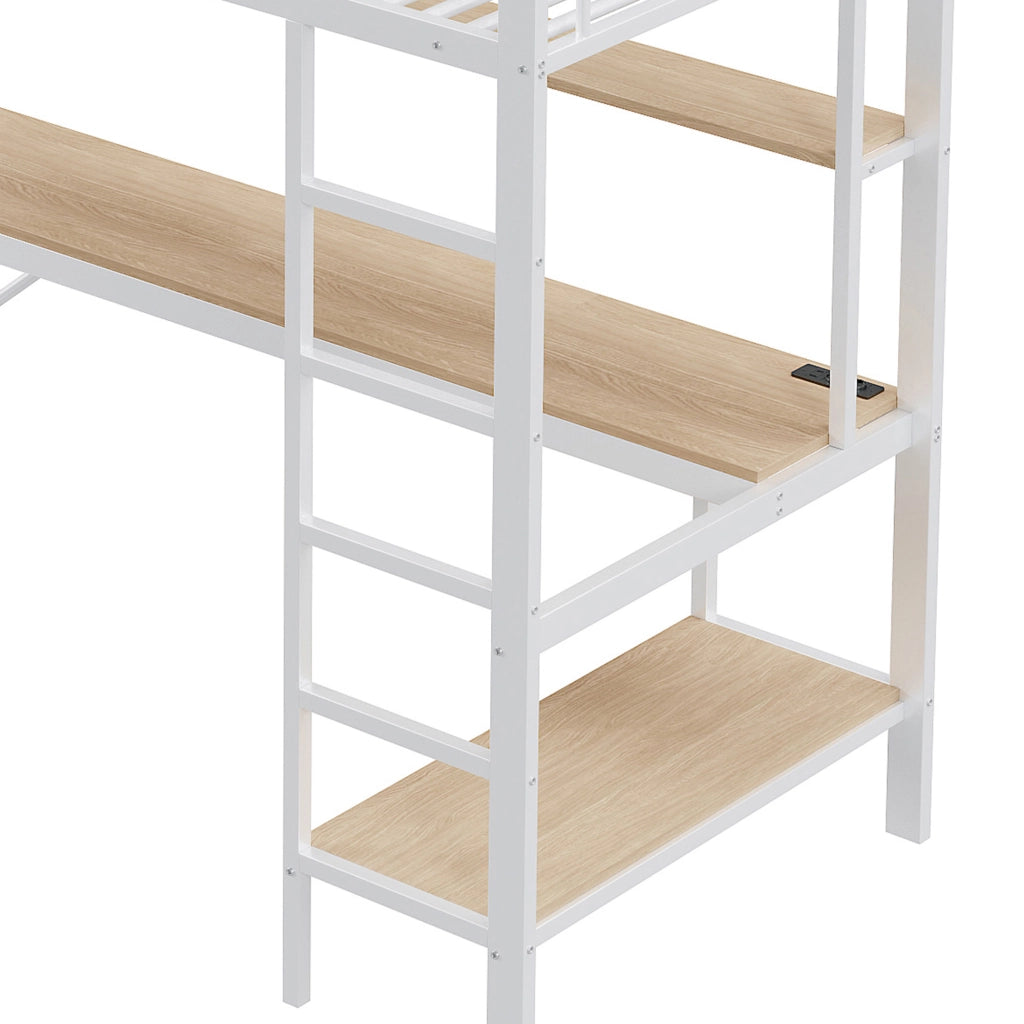 Letto a soppalco singolo 90×200 cm con scrivania; ripiani; LED; USB; presa; sponda e scala; senza materasso