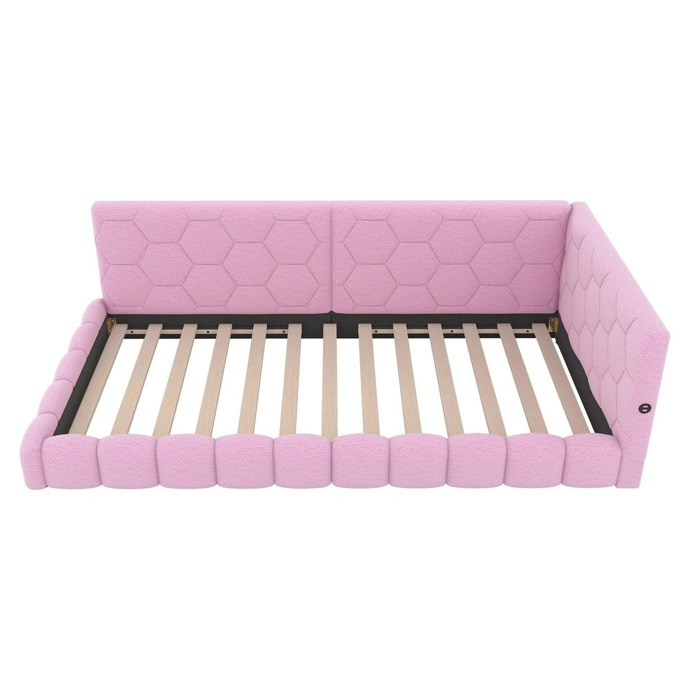 Letto con testiera led e rete a doghe ¨C Minimal ¨C rosa tessuto 90x200cm con porta USB e Type-C