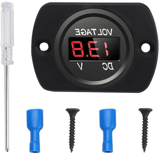 Voltmetro acqua resistente per auto 12V 24V con display digitale LED e pannello di montaggio - Tester di tensione rotondo per barca veicoli da marina motocicletta camion motocicletta ATV UTV - Rosso