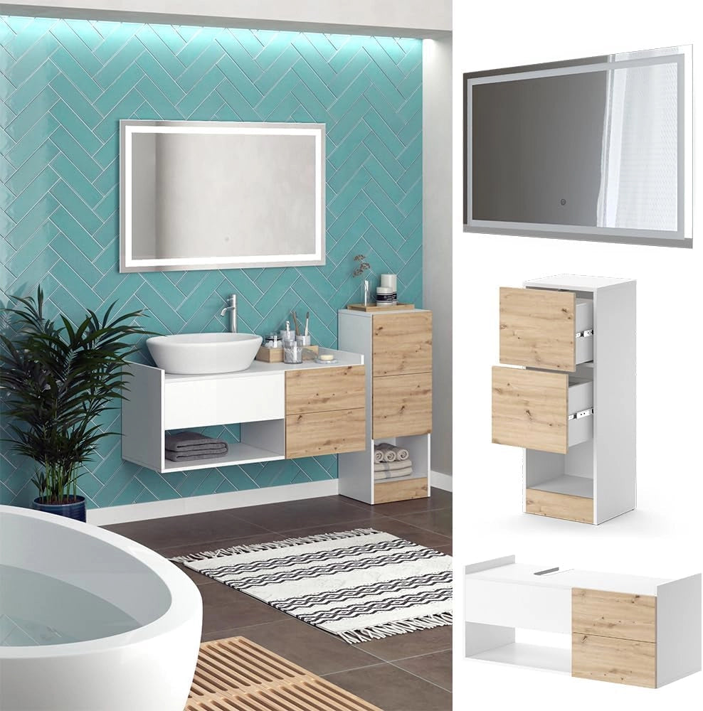 Set di mobili da bagno Alf, Bianco, 105 cm, composto da mobile sottolavabo, specchiera e mobile medio