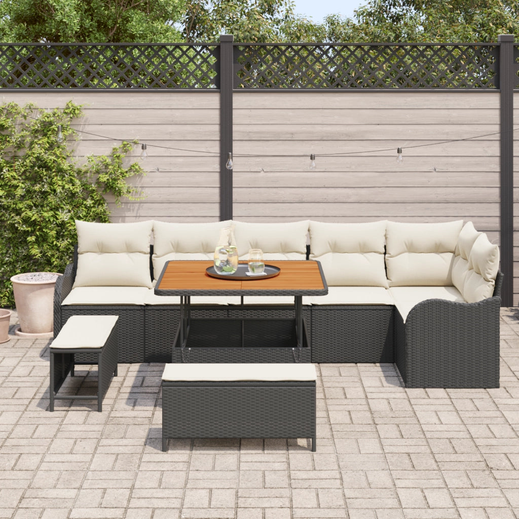 Set Divano da Giardino 9 Pezzi con Cuscini in Polyrattan Nero Acacia