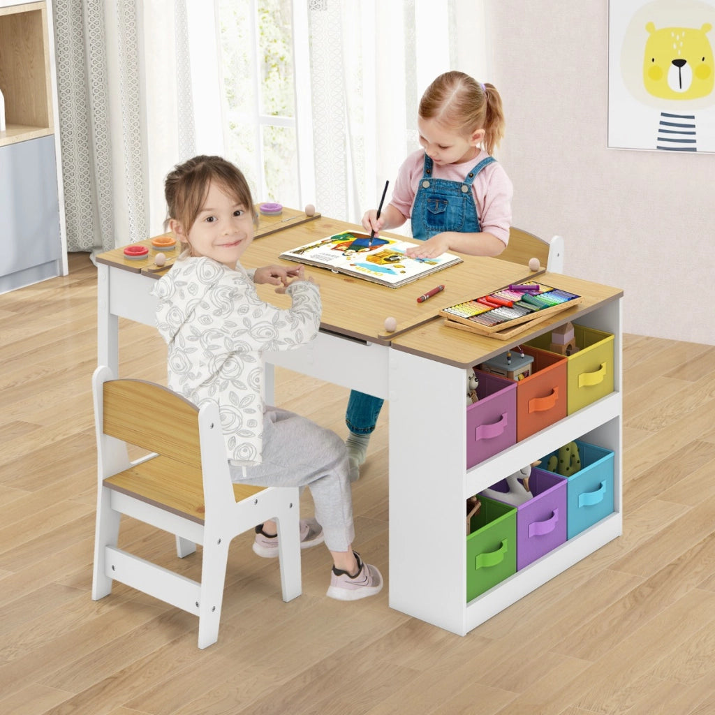 Tavolo multifunzione in legno con piano sollevabile rotolo di carta di stoccaggio-Set tavolo da disegno e cavalletto per bambini Naturale