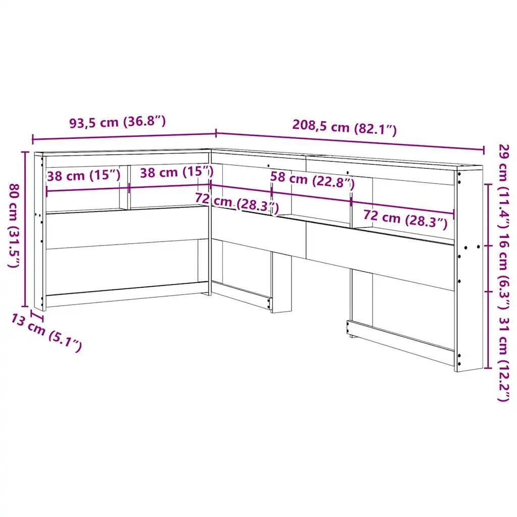 Testiera libreria a L-Testata contenitore Bianca 75 cm in Legno Massello di Pino