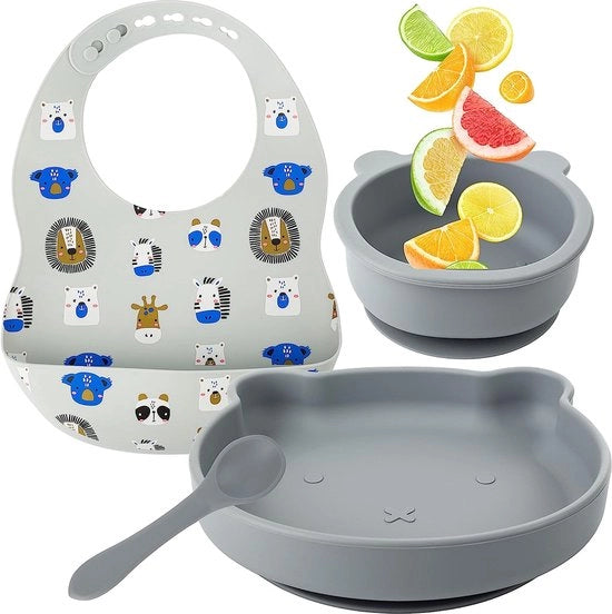 Set di Cura per Bambini - Tavolo Antiscivolo BPA- Libero + Piatto per Bambini con Appoggio + Cucchiaio in Silicone + Asciugamano per Bambini

- Set di Cura per Bambini - Tavolo per Bambini Grigio