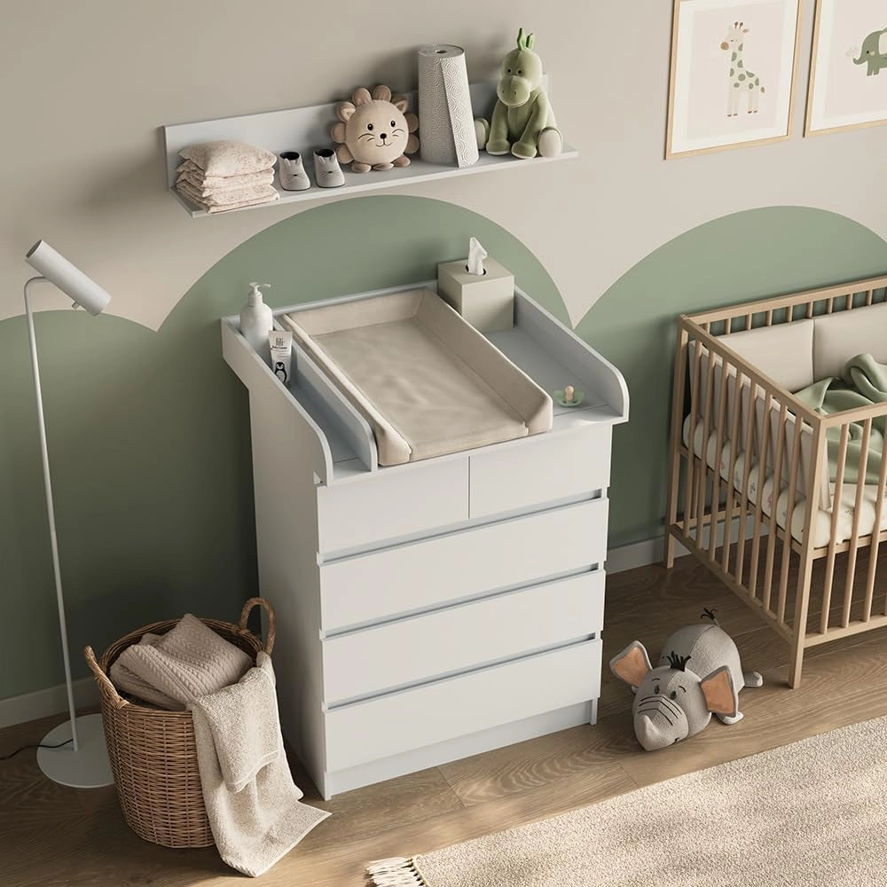 Fasciatoio Emma, Bianco, 80 x 110.2 cm con 5 cassetti, convertibile in una cassettiera tradizionale per un utilizzo versatile