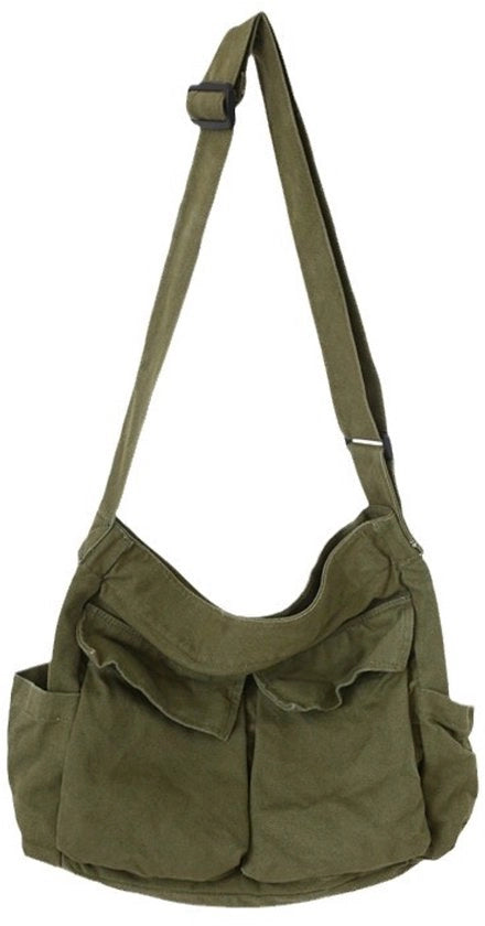 Borsa da messaggero in tela verde grande, borsa hobo, borsa a tracolla, borsa a spalla, borsa da portare con tasche, unisex.