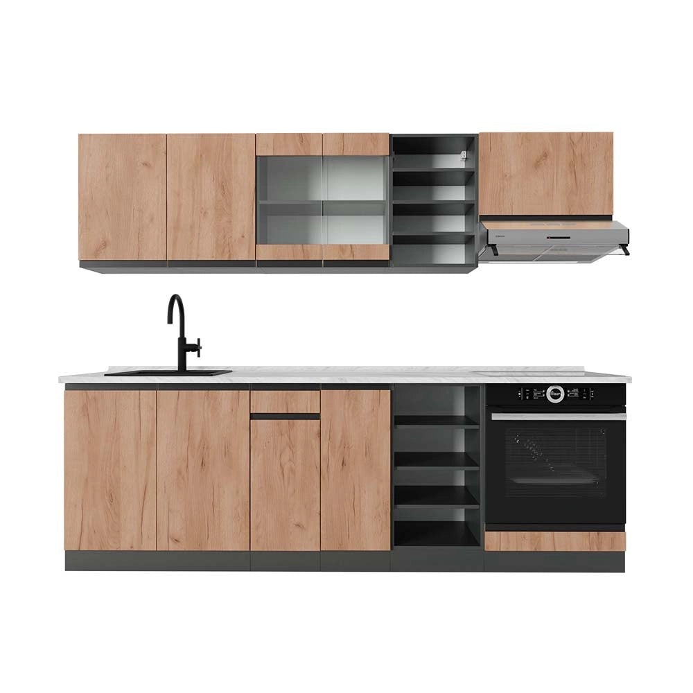 Cucina componibile R-Line Rovere dorato/Antracite 240 cm J-Shape, PL Marmo Vicco